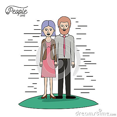 Caricature couple people line woman in dress with straight short hair and bearded man standing formal clothes in grass Vector Illustration