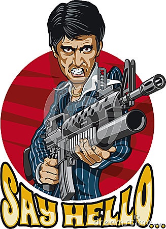 Caricature drawing of gangster holding m16 with grenadelauncher Vector Illustration