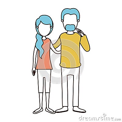 Caricature faceless color sections and blue hair of full body woman with ponytail side hair and man embracing couple Vector Illustration
