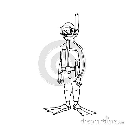 Caricature, standing funny diver saboteur in diving suit with mask & fins Vector Illustration