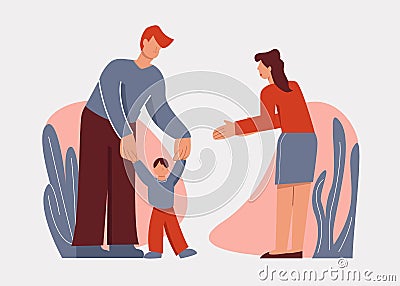 Caring cartoon parents helping learning little baby son walk outdoor isolated on white Vector Illustration