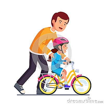 Caring dad teaching daughter to ride bike Vector Illustration