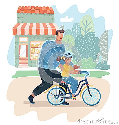 Caring dad teaching daughter to ride bike. Vector Illustration