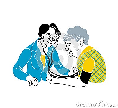 Caring for the elderly.Consultation medical diagnosis. Vector Illustration