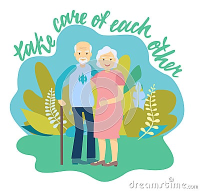 Caring elderly couple. Joyful nice elderly couple smiling while being in a great mood. Happy grandparents cheering Vector Illustration