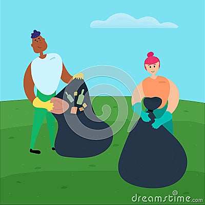 Spring cleaning. Vector illustration of a guy and a girl cleaning, removing garbage, taking care of the environment Vector Illustration