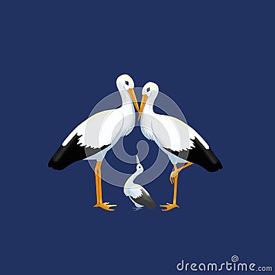 A caring family of storks of two parents and one child. Stock Photo