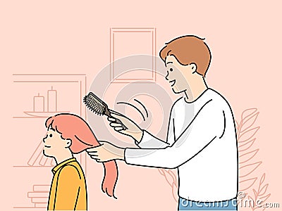 Caring father brush daughter hair Vector Illustration
