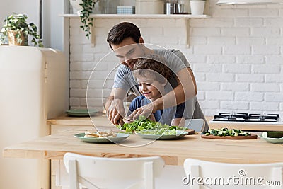 Caring father teach little son chopping vegetables Stock Photo