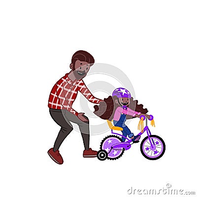 A caring father teaches his daughter to ride a bike for the first time. Father helps little girl child riding a bike Cartoon Illustration