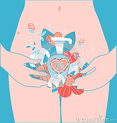 Caring for female intimate health. Soft cotton and natural flowers. Vector illustration. Stock Photo