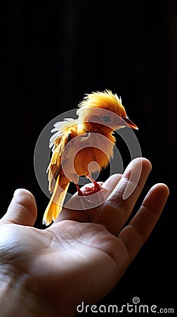 Caring hand supports a chirping canary, portraying harmony and kinship. Stock Photo