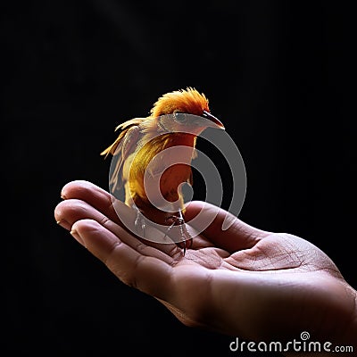 Caring hand supports a chirping canary, portraying harmony and kinship. Stock Photo