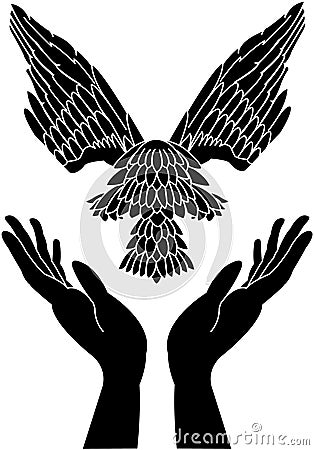 Caring hands and dove in flight Vector Illustration