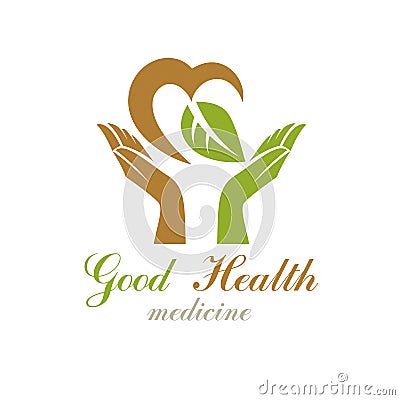 Caring hands holding heart, vector graphic symbol. Homeopathy cr Vector Illustration