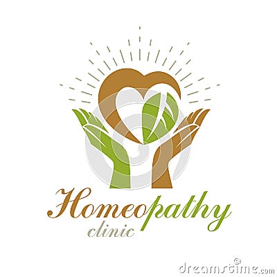 Caring hands holding heart, vector graphic .Homeopathy creative logo. Charity and volunteer concept Vector Illustration