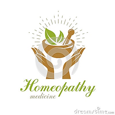 Caring hands holding mortar and pestle. Phytotherapy metaphor, v Vector Illustration