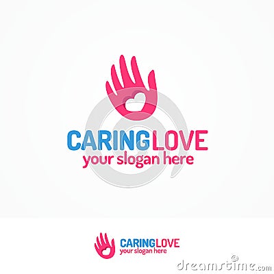 Caring love logo set with hand and heart Vector Illustration