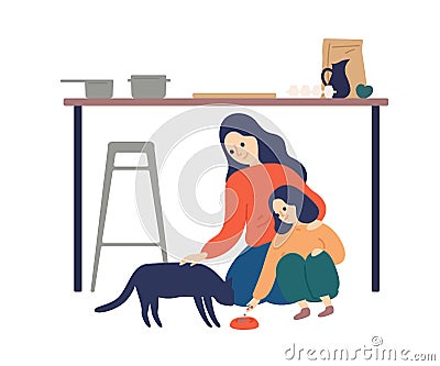 Caring mother and cute daughter feeding cat at kitchen vector flat illustration. Happy woman spending time with kid Vector Illustration