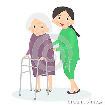 Caring for seniors, helping moving around. Elderly care. Vector illustration. Vector Illustration