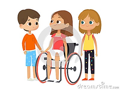Caring and Support for the disabled child. Disabled girl sitting in a wheelchair. Disabled girl and her friends. vector Vector Illustration