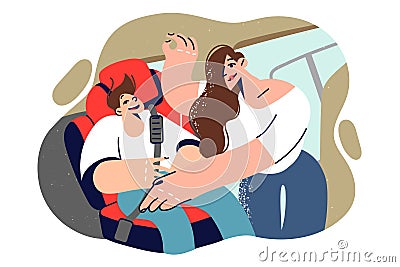 Caring woman puts boy in kids car seat to protect child in case of emergency stop or accident Vector Illustration