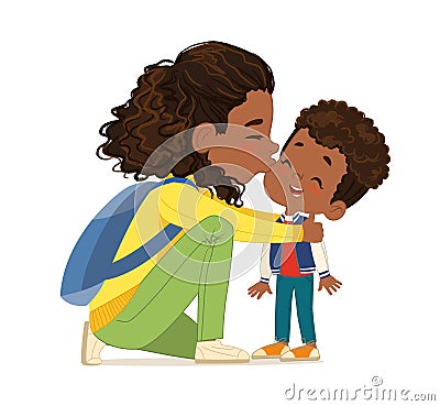 Caring young African American mother embracing kissing cute little daughter feeling love and tenderness vector flat Vector Illustration