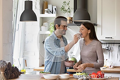 Affectionate family couple enjoying cooking together at weekend. Stock Photo