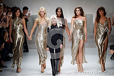 Carla Bruni, Claudia Schiffer, Naomi Campbell, Cindy Crawford, Helena Christensen and Donatella Versace walk the runway Editorial Stock Photo