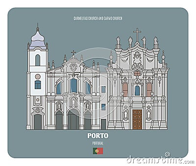 Carmelitas Church and Carmo Church in Porto, Portugal. Architectural symbols of European cities Vector Illustration