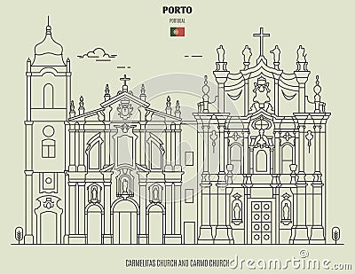 Carmelitas Church and Carmo Church in Porto, Portugal. Landmark icon Vector Illustration