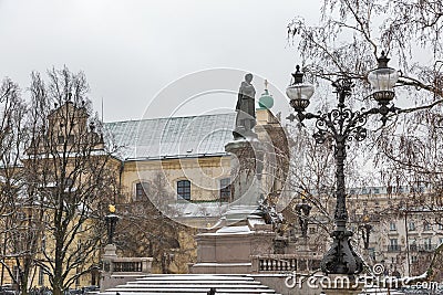 Carmelite church and Adam Mickiewicz monument in Warsaw, Poland Editorial Stock Photo