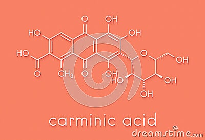 Carminic acid pigment molecule. Occurs naturally in cochineal scale insect. Skeletal formula. Stock Photo