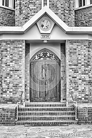 Main entrance of the Dutch Reformed Church in Carnavon. Monochrome Editorial Stock Photo