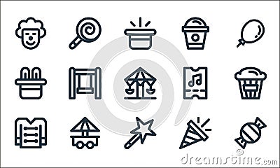 carnival and amusement line icons. linear set. quality vector line set such as candy, magic wand, uniform, confetti, food stall, Vector Illustration