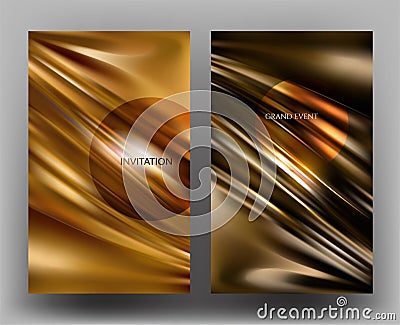 Vip invitation cards with pleated gold metallic fabric. Vector Illustration