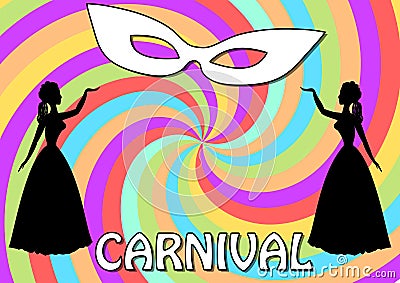 Carnival background with two black lady silhouettes and white face mask on swirly garish area. Vintage old-fashioned figures. Vector Illustration