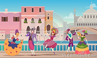 Carnival background. Venetian entertainment fashioned characters dancing in beautiful costumes and masks exact vector Vector Illustration