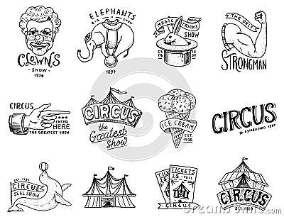 Carnival Circus badge. Harlequin with animals. clown and elephant, ice cream, magic focus in the tent. funnyman funster Vector Illustration