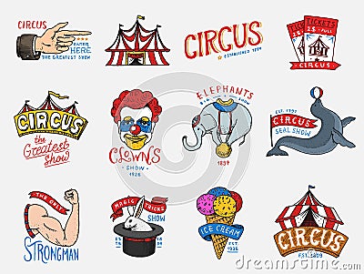 Carnival Circus badge. Harlequin with animals. clown and elephant, ice cream, magic focus in the tent. funnyman funster Vector Illustration