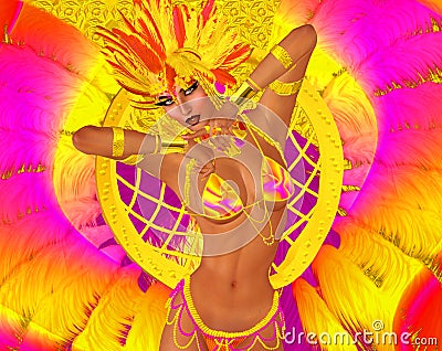 Carnival dancer woman in colorful feathers and headdress. Stock Photo