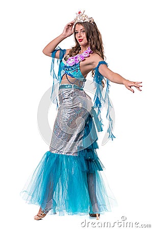 Carnival dancer woman dressed as a mermaid posing, isolated on white Stock Photo