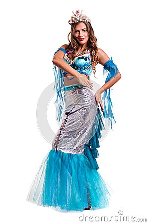 Carnival dancer woman dressed as a mermaid posing, isolated on white Stock Photo