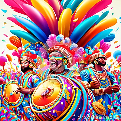 Carnival dancers and musicians in colourful costumes at the annual Carnaval de la Frontera parade in Caceres, Spain. AI generated Stock Photo