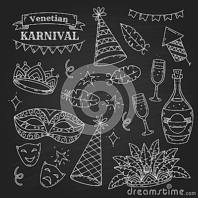 Carnival elements collection in doodle style on black background Vector Illustration