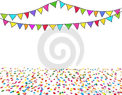 Carnival garland with colorful flags and confetti isolated on white background. Birthday party decoration elements. Stock Photo