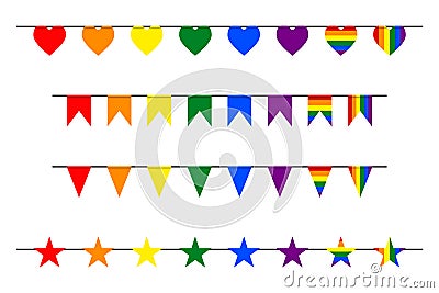 Carnival garland flags, hearts, stars in colorful rainbow lgbt pride flag colors Vector Illustration