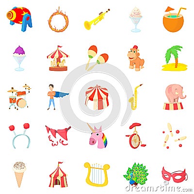 Carnival icons set, cartoon style Vector Illustration