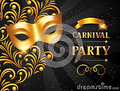 Carnival invitation card with golden mask. Celebration party background Vector Illustration