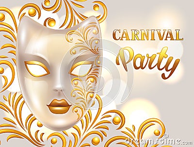 Carnival invitation card with venetian mask decorated golden ornaments. Celebration party background Vector Illustration